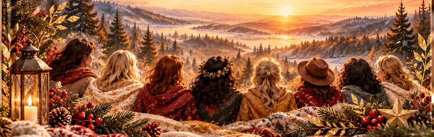 Frauen in Decken sitzen nebeneinander und schauen auf eine Winterlandschaft im Licht der aufgehenden Sonne.