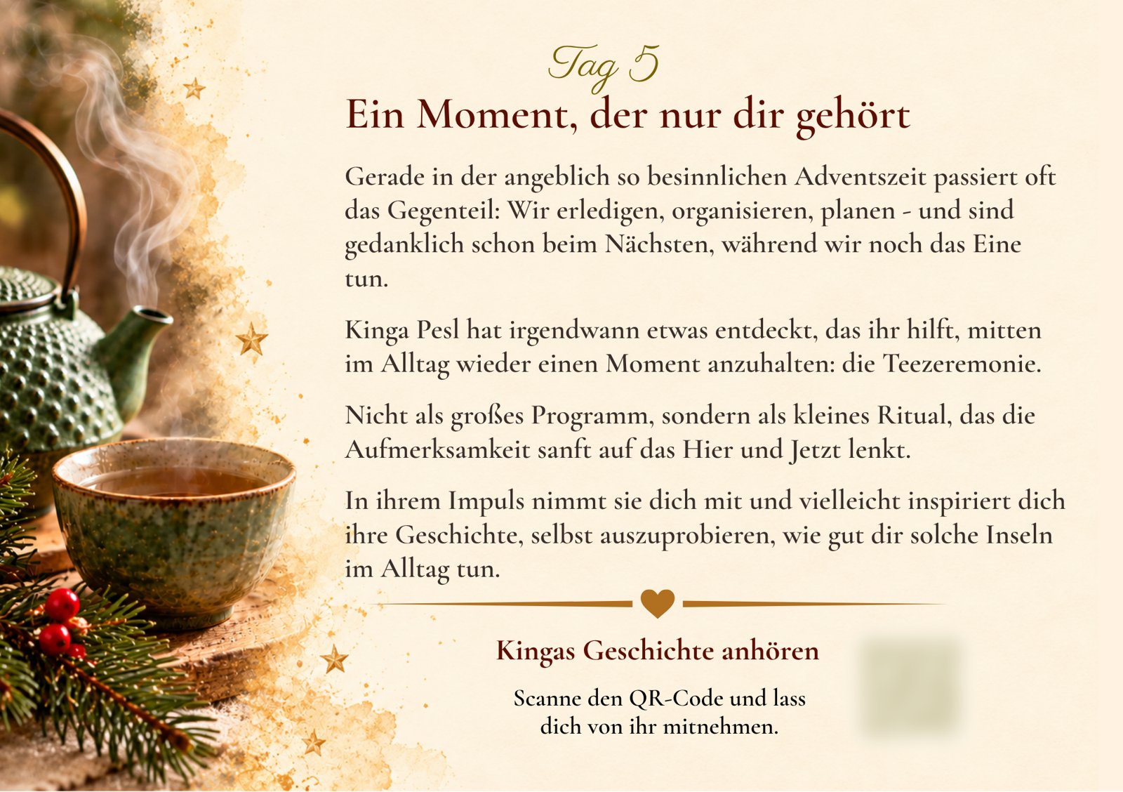 Kalenderseite Tag 5, Impuls zu Kingas Teezeremonie, rechts unten ein bewusst verschwommener QR-Code.